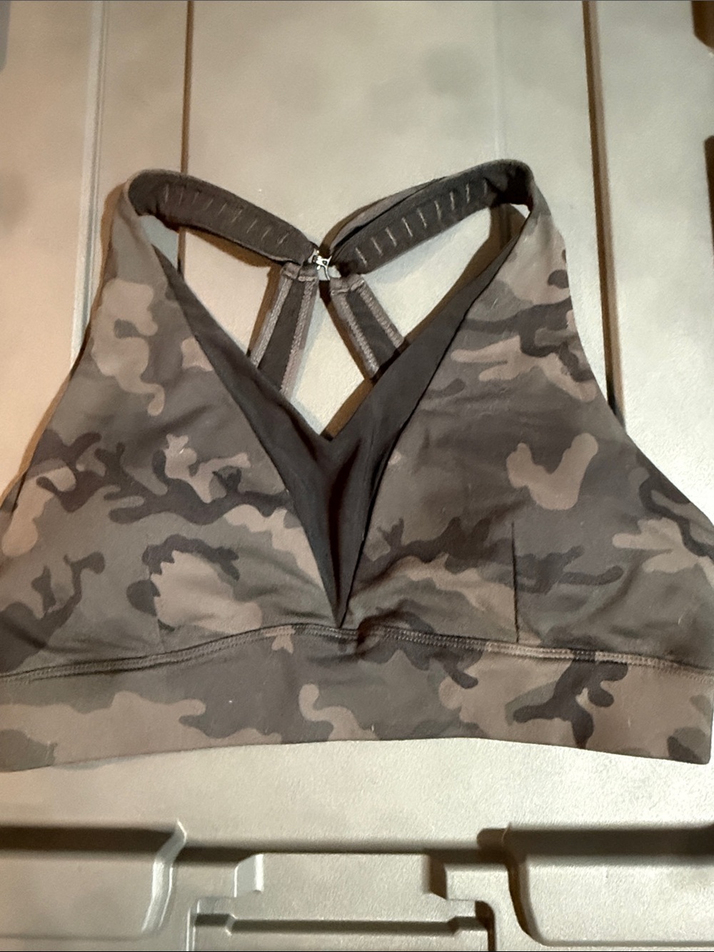 Zyia Mesh adjustable straps Women's Gray Camo V-Neck Sports Bralette